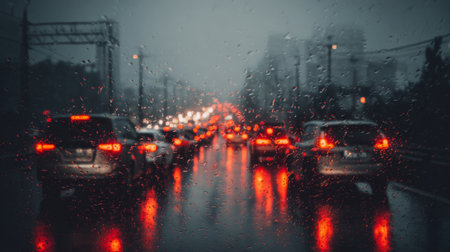 A mesmerizing rainy night scene featuring traffic on a city road. The wet surface reflects car lights, creating a blurred, moody atmosphere while capturing urban life.の素材