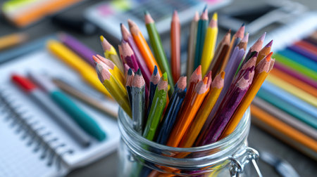 A vibrant collection of colored pencils in a glass jar, perfect for creative projects. This workspace setting features a variety of stationery supplies, inspiring creativity.の素材