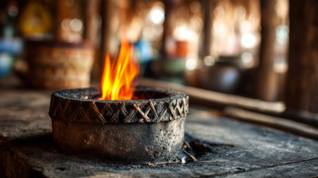 A mesmerizing flame dances within a traditional cooking vessel, creating a warm glow in a rustic kitchen. This image captures the essence of culinary heritage and home.の素材