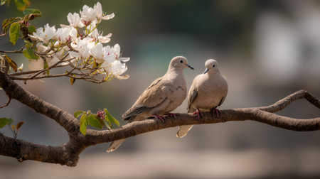 This captivating image features two doves elegantly perched on a branch adorned with beautiful flowers, evoking a sense of peace and tranquility in nature.の素材