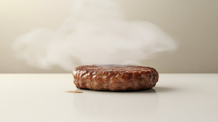 A closeup of a juicy hamburger patty with steam rising, showcasing its rich texture and mouthwatering appearance, perfect for food-related projects.の素材