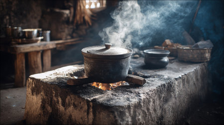 A rustic kitchen scene featuring a steaming pot on a stone stove, emphasizing traditional cooking practices and the warmth of home with atmospheric lighting.の素材