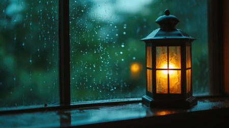A glowing lantern sits beside a rain-specked window, creating a cozy and serene atmosphere. Perfect for conveying warmth and tranquility on a rainy evening.の素材