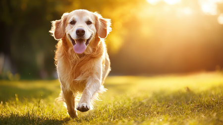 A joyful golden retriever runs through a sunlit field, capturing the essence of happiness and vitality in nature. Perfect for pet lovers.の素材