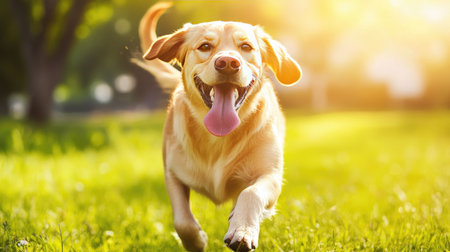 A joyful dog runs freely through a vibrant green field under the warm sunlight. The scene captures the essence of playful energy and companionship.の素材