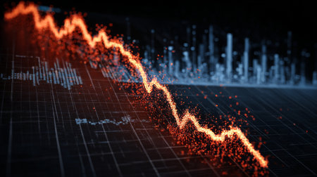 This image showcases a dynamic financial downtrend represented with a blend of abstract data points and graph lines, ideal for economic analysis and market insights.の素材