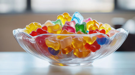 A clear bowl filled with vibrant jelly candies in various colors, perfect for events, parties, or as a delightful treat. Ideal for sweet lovers.の素材