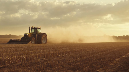 A lone tractor works tirelessly in a dusty field during sunset, creating a beautiful rural scene. The sun casts warm light on the agricultural landscape.の素材