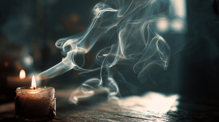 A beautifully captured candle flame flickers in a dark setting, sending wisps of smoke into the air above a rustic wooden surface, evoking a warm and tranquil atmosphere.の素材