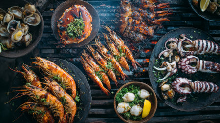 A vibrant assortment of grilled seafood lies on a charcoal grill, featuring shrimp, crab, clams, and squid, elegantly garnished with herbs and lemon, perfect for any gathering.の素材