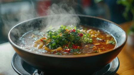 A steaming bowl of fresh soup garnished with herbs and spices, perfect for showcasing vibrant colors and inviting textures in food photography.の素材