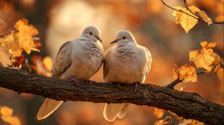 This enchanting image captures two gentle birds perched closely on a sturdy branch, surrounded by the warm hues of autumn leaves in a serene natural setting.の素材