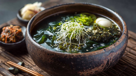 This enticing bowl of green seaweed soup features fresh vegetables and garnishes, served in a rustic wooden bowl, perfect for a healthy and nourishing meal.の素材