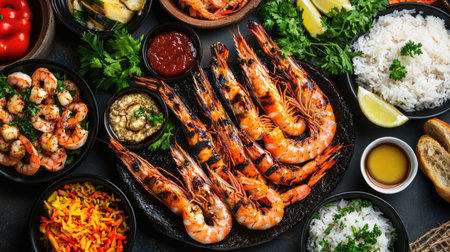 A vibrant grilled shrimp platter accompanied by rice, fresh herbs, and garnishes. Perfect for celebrations, dinners, or seafood lovers.の素材