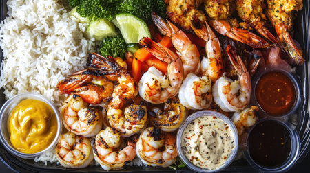 A vibrant platter featuring grilled shrimp, fluffy rice, fresh broccoli, and zesty lime, complemented by savory sauces. Perfect for seafood lovers!の素材
