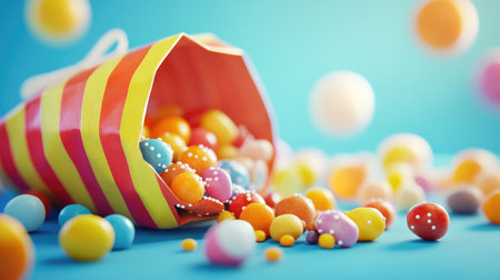 A vibrant arrangement of colorful Easter candy and eggs spilling from a striped bag, perfect for spring festivities and holiday celebrations.の素材