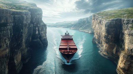 A cargo ship sails through a narrow canyon, surrounded by steep cliffs and tranquil waters. This breathtaking view illustrates the harmony between nature and maritime transport.の素材