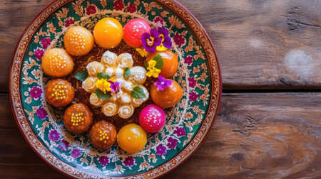 This vibrant plate features an array of traditional sweets, beautifully arranged with flowers. Perfect for celebrations, showcasing culinary artistry and rich heritage.の素材
