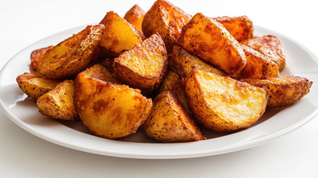 A tempting display of crispy golden roasted potato wedges served on a classic white plate, perfect for any meal or snack occasion.の素材