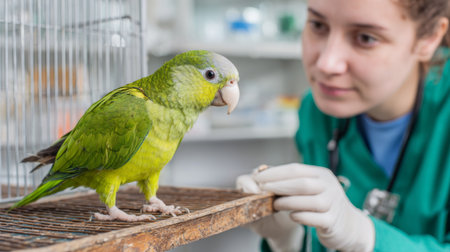 A dedicated caregiver interacts with a vibrant green parrot in a veterinary clinic, emphasizing the importance of animal health, care, and compassionate veterinary practices.の素材