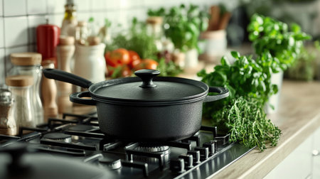 A beautiful cooking pot sits on a gas stove, surrounded by fresh herbs and vibrant vegetables, creating an inviting cooking atmosphere in a modern kitchen.の素材