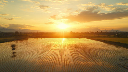 Capture the beauty of a stunning sunset over a tranquil rice field. The glowing reflections on the water create a serene atmosphere perfect for nature lovers.の素材