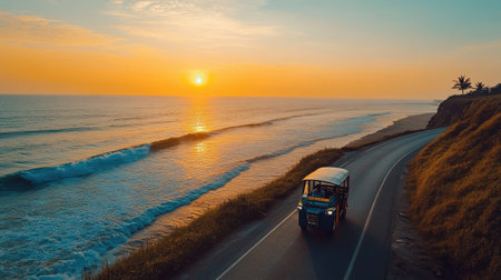 A peaceful coastal road at sunset with a vehicle driving along the shore. The vibrant sky reflects on the ocean waves, creating a picturesque scene.の素材