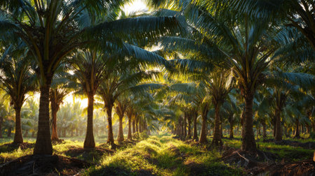A serene view of a palm tree plantation, illuminated by golden sunrise light, showcasing vibrant green leaves and creating a peaceful natural environment.の素材