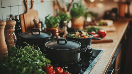 A cozy kitchen scene featuring cooking pots, fresh herbs, and vibrant vegetables, creating a warm atmosphere perfect for culinary adventures and meal preparation.の素材