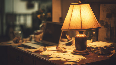 A warm desk scene featuring a glowing lamp and scattered papers, complemented by a laptop, creating an inviting atmosphere for creativity and inspiration in a cozy setting.の素材