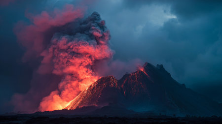 A stunning display of an erupting volcano showcasing fiery lava flowing down its slopes, surrounded by dark ash clouds creating a dramatic and powerful scene.の素材