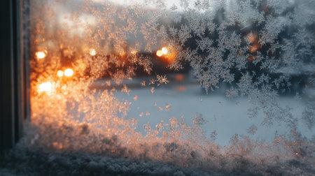 A captivating view of a frosted window showcasing delicate snowflake patterns against a backdrop of a warm sunset glow, evoking feelings of winter tranquility.の素材