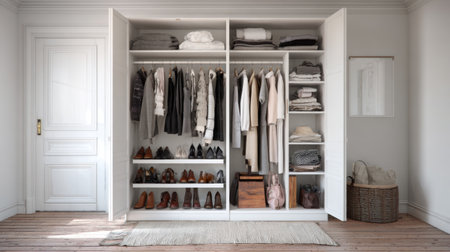 A beautifully organized wardrobe featuring a variety of clothes, shoes, and accessories, set in a modern room that emphasizes simplicity and style.の素材