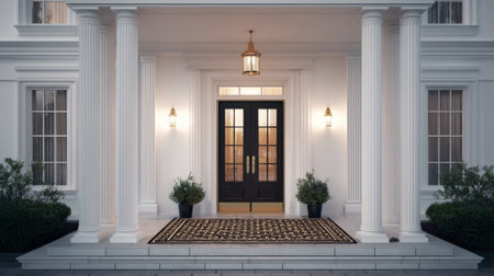This image captures an elegant entrance featuring classic columns and a welcoming front door, illuminated by warm light. The decorative mat completes the inviting aesthetic.の素材