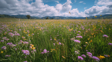 A breathtaking view of a wildflower meadow featuring colorful blooms under a bright blue sky filled with fluffy clouds, framed by majestic mountains in the distance.の素材