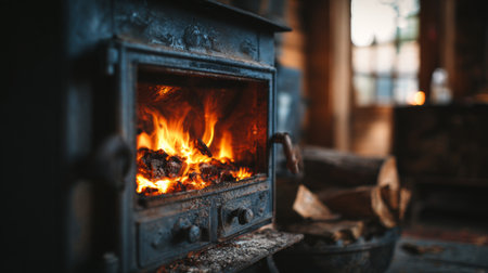 A captivating image of a cozy indoor fireplace, featuring dancing flames and a rustic environment that promotes warmth, comfort, and tranquility in a home setting.の素材