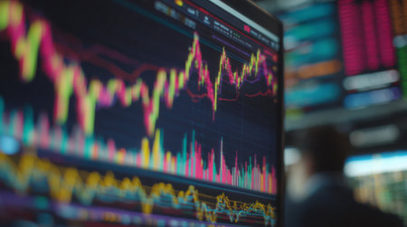 A vibrant stock market graph showcasing candle stick charts and indicators on a digital screen in a professional financial environment, illustrating dynamic market trends.の素材