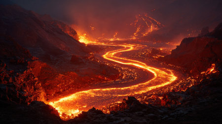 A breathtaking scene of flowing lava from an erupting volcano, showcasing the raw power of nature with vibrant colors, dynamic movement, and dramatic lighting.の素材