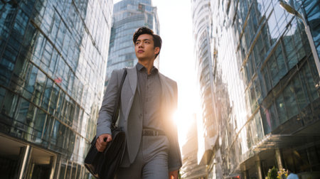 A fashionable young man confidently walks through a bustling city street during sunset, surrounded by sleek buildings, representing urban life and professional success.の素材