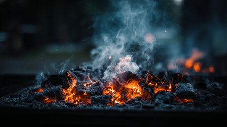Embrace the warmth and ambiance of glowing charcoal embers surrounded by wisps of smoke in an outdoor setting, perfect for camping and cooking experiences.の素材