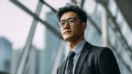 A distinguished businessman stands confidently by a window in a modern office, gazing thoughtfully at the city skyline. His poised demeanor represents ambition and professionalism.の素材