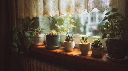 A close-up view of a vibrant collection of indoor plants arranged on a sunny windowsill, creating a serene and cozy atmosphere ideal for relaxation in any home.の素材