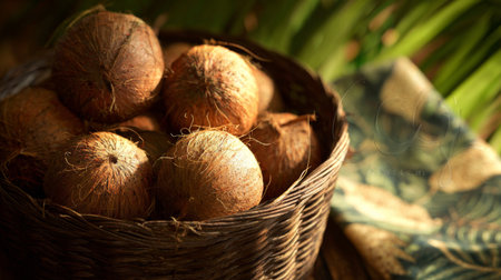 A charming collection of coconut shells nestled in a handmade basket, set against a backdrop of rich textures, creating an inviting tropical atmosphere.の素材