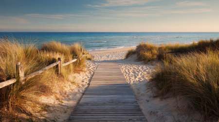 A tranquil beach path leads to the serene ocean, framed by lush dune grass and soft sand under a clear sky, perfect for relaxation and outdoor exploration.の素材