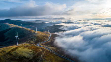 Experience the tranquility of rolling hills with wind turbines emerging above the clouds during a captivating sunrise. A perfect scene representing natureの素材