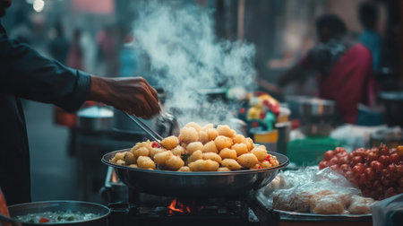 A street food vendor skillfully prepares fresh snacks in a bustling market. Steam rises from the frying pan, enhancing the vibrant atmosphere.の素材
