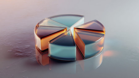 Captivating abstract glass pie chart featuring transparent segments, reflecting soft light on a smooth surface, ideal for modern design projects and data representation.の素材