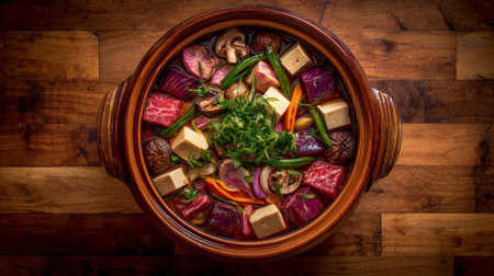 A vibrant hot pot filled with an assortment of fresh vegetables, mushrooms, and succulent beef pieces, creating a comforting and communal dining experience.の素材
