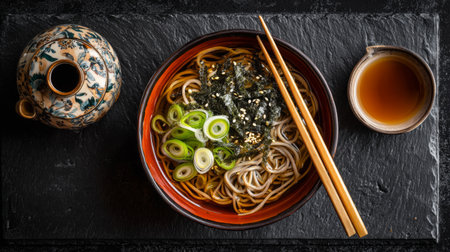 Enjoy a beautifully arranged bowl of soba noodles garnished with green onions and seaweed. Paired with warm tea, this dish showcases Japanese culinary art.の素材