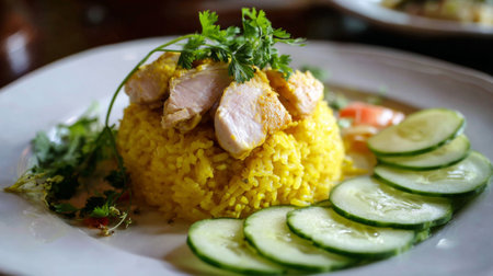 A vibrant plate featuring fluffy yellow rice topped with tender chicken, garnished with fresh herbs, and accompanied by crisp cucumber and a side salad.の素材